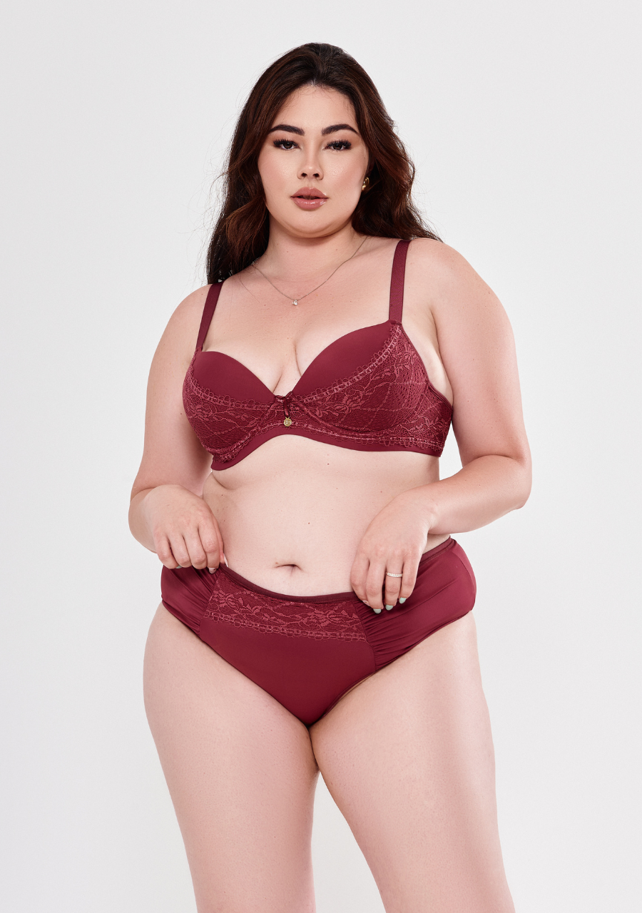 Conjunto Plus Size com Bojo Detalhes em Renda - Vinho - JJ