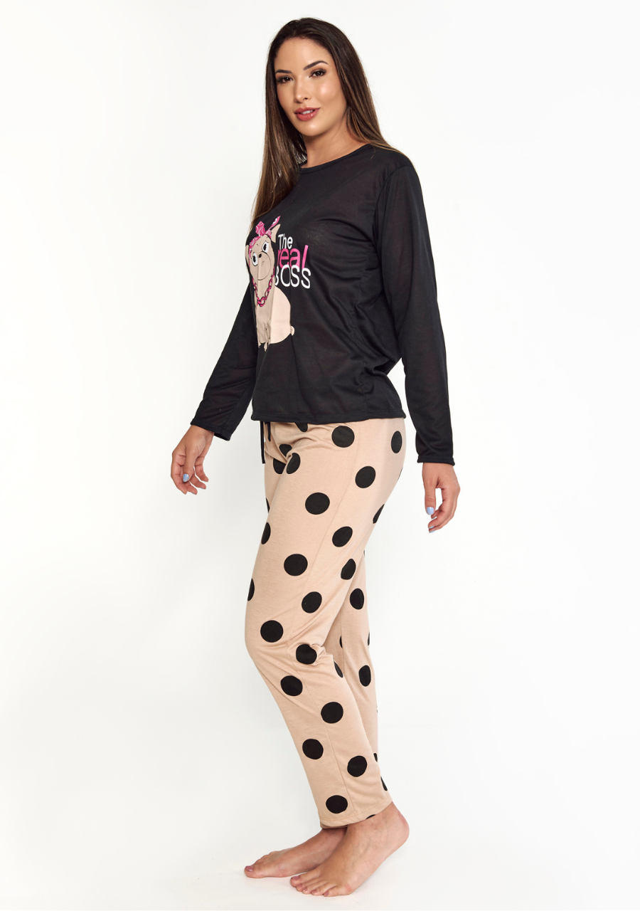 Pijama Feminino Inverno Poa Camisa Manga Longa e Calça - JJ